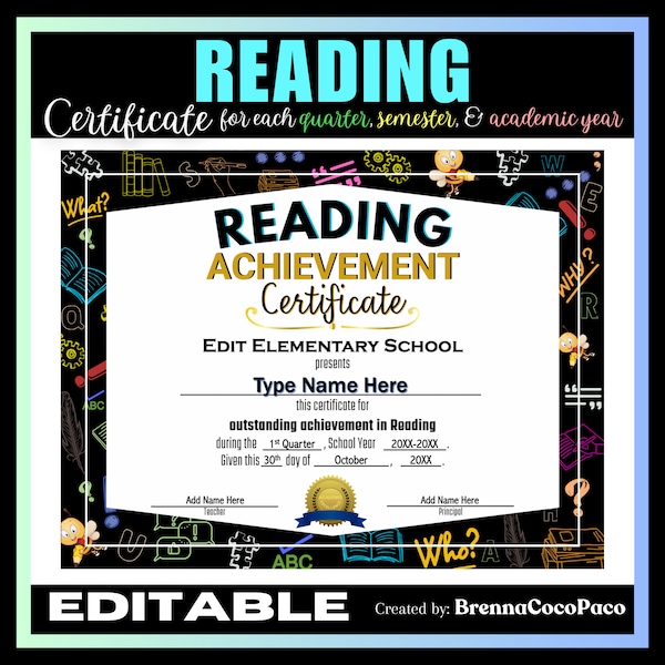 New Editable Reading Achievement Certificate | Quarter, Semester, & EOSY