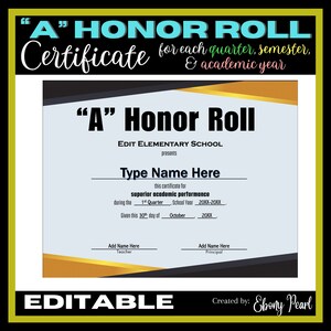 New! Editable &quot;A&quot; Honor Roll Certificate #1 | each Quarter, Semester, & EOSY