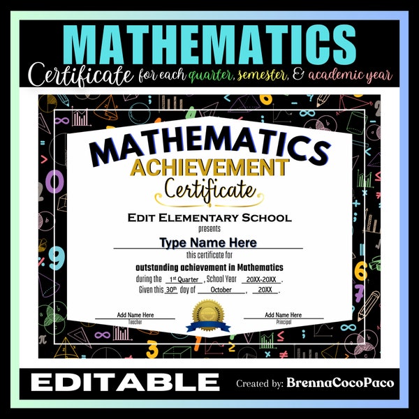 New Editable Mathematics Achievement Certificate | Math Certificate | Quarter, Semester, & EOSY