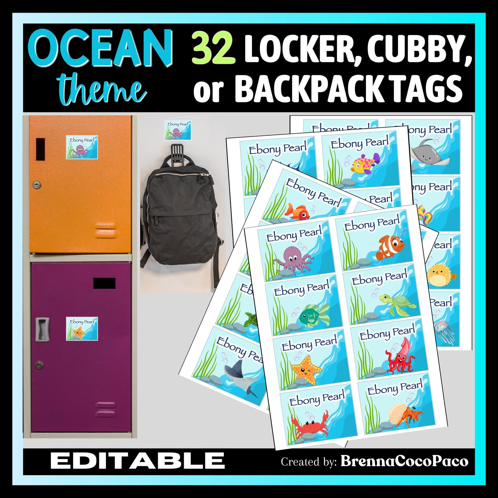 Ocean Locker Labels NEW Editable Ocean Themed Locker Tags | Cubby Tags | Backpack Tags - Etsy