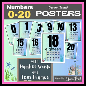 Puede incluir: Carteles de números con temática oceánica para niños, con los números del 0 al 20, sus palabras correspondientes y marcos de diez. Cada cartel tiene un fondo degradado azul y verde con temática marina.