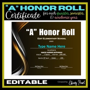 New! Editable &quot;A&quot; Honor Roll Certificate #2 | each Quarter, Semester, & EOSY