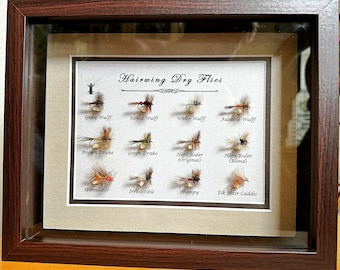 12 Mounted & Framed --Precision-Tied -- Hairwing Dry Flies - In 11"x9" Shadow Box