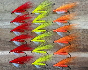 Six Original RUSSIAN RIVER COHO "Alternative" Salmon Flies - 3/8" Gap, 5X Strong Mustad Hook.  Legal size for Russian & Kenai Rivers.