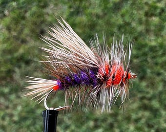 3 Stimulator Dry Flies -- Purple-- Elk Hair -- Various Sizes -- 3 Flies -- Mustad Hooks