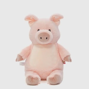 May include: A soft, pink pig plush toy with a lighter pink belly, ears, and snout. The pig is in a sitting position with its arms and legs outstretched. The toy has a fluffy texture.