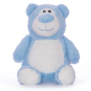 May include: A soft, light blue teddy bear with a white belly and face. The bear has a smiling expression, black eyes, and a light blue nose. The soft toy is designed for children.