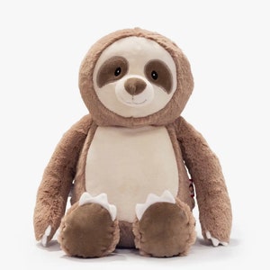 May include: A soft toy sloth, featuring a light brown body, a cream-coloured belly, and a matching hood. The sloth has brown eyes and a smiling face. Its feet have white claws. A cuddly stuffed animal.