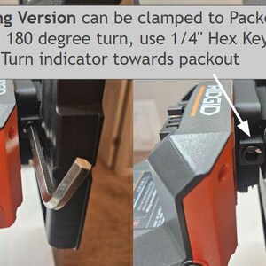 May include: Close-up of a black and orange power tool component with the text "Locking Version can be clamped to Packout with 180 degree turn, use 1/4" Hex Key. Turn indicator towards packout." A hex key is inserted into a locking mechanism.