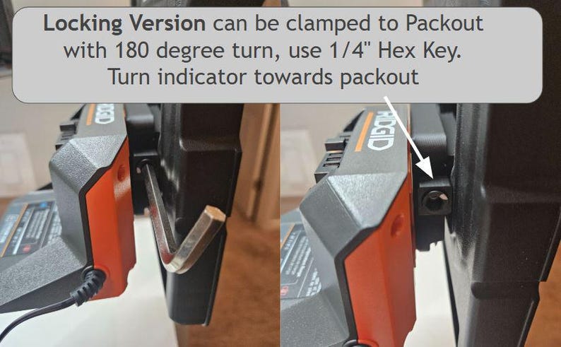 May include: Close-up of a black and orange power tool component with the text "Locking Version can be clamped to Packout with 180 degree turn, use 1/4" Hex Key. Turn indicator towards packout." A hex key is inserted into a locking mechanism.