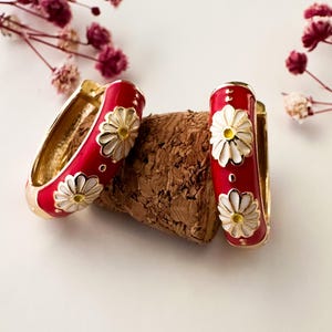 Red Floral Hoop Earring Cloisonné Hoop Earring Cute Hoop Huggie Earring Chunky Hoop Earring Enamel Hoop Earring Gold Flower Hoop Earring