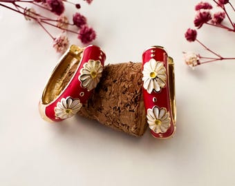 Rot Blumen Hoop Ohrring Cloisonné Hoop Ohrring Süß Hoop Huggie Ohrring Chunky Hoop Ohrring Emaille Creolen Gold Blumen Hoop Ohrring