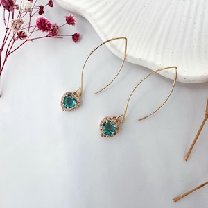 Gold Plated Blue Heart Threader Earrings: Cubic Zirconia Dangle
