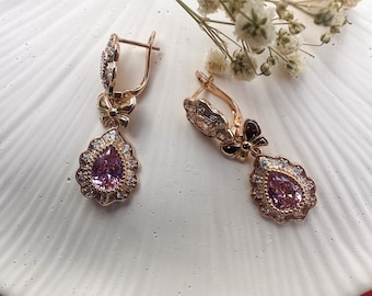 Vintage Pink Crystal Drop Earring Rose Gold Earring  Chandelier Earring for Mom Earring for Bridal Gift Pink CZ Earring Bridal Drop Earring