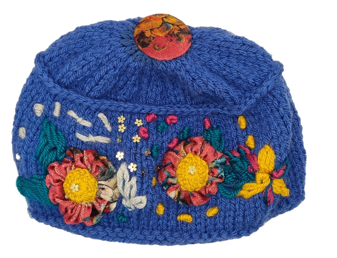 Handknitted Women's Winter Hat, Royal Blue, 100 Organic Wool, Flower