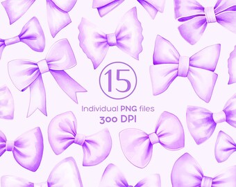Watercolor Purple Bows Clipart: Lilac Ribbon PNG Collection (Digital Download)