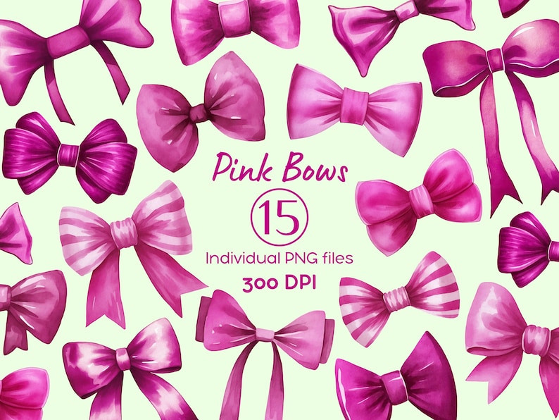 Watercolor Pink Bows Clipart: Coquette Ribbon PNG Set (digital Download ...