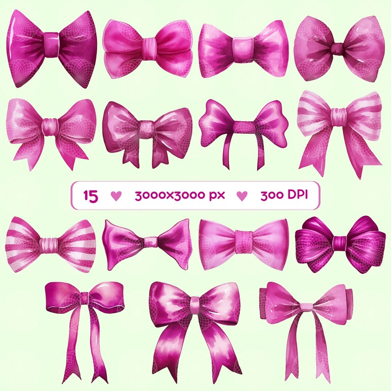 Watercolor Pink Bows Clipart: Coquette Ribbon PNG Set (digital Download ...