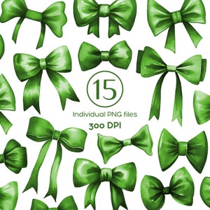 May include: A set of 15 watercolor green bows, perfect for adding a touch of elegance to your crafts, invitations, or packaging.  The bows are individually saved as PNG files at 300 DPI.
