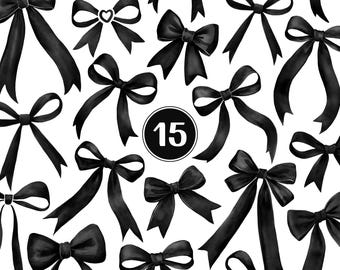 Watercolor Black Bows Set, Clipart Bow Collection Ribbon Bow Clip Art Black Bow PNG Design, Watercolor Ribbon PNG Bow, Black Bowtie PNG