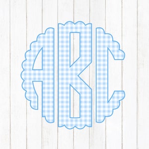 May include: A blue and white gingham monogram with the letters "ABC" in a circle with a scalloped edge.