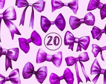 Watercolor Purple Bows Clipart: Ribbon Bow Tie PNG Collection (Digital Download)