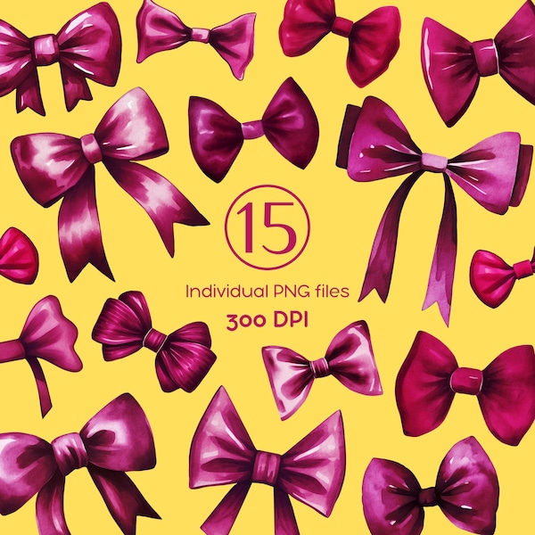 Watercolor Maroon Bows Set, Clipart Bow Collection Ribbon Bow Clip Art, Coquette Bow Design, Watercolor Ribbon PNG Bow, Dark Pink Bowtie PNG