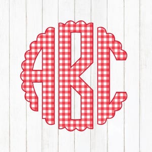 May include: A red and white gingham monogram with the letters ABC inside a scalloped circle. The design is set against a white wood-grain background.