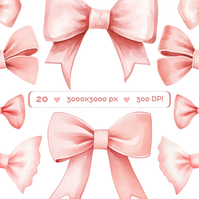 K&ouml;nnte beinhalten: Ein Set mit 20 rosa Aquarell-Schleifen-Illustrationen. Die Schleifen sind in verschiedenen Gr&ouml;&szlig;en und Positionen, einige &uuml;berlappen sich. Das Bild ist 3000x3000 Pixel gro&szlig; und hat 300 DPI.