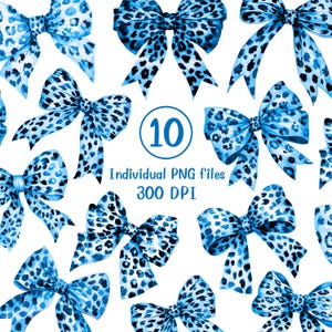 Fiocchi leopardo blu PNG, fiocco leopardo acquerello PNG, papillon ghepardo acquerello blu PNG, collezione di fiocchi clipart fiocco cheerleader digitale