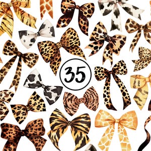 Fiocchi con stampa animalier ad acquerello PNG Clipart Collezione di fiocchi Nastro Fiocco mucca PNG Papillon ghepardo PNG Fiocco coccola leopardo ad acquerello PNG Trendy