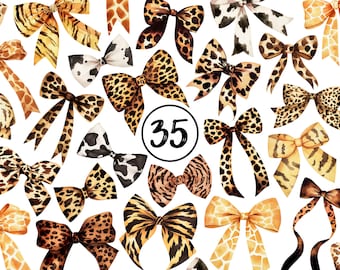 Lazos con estampado animal de acuarela PNG: Colección de imágenes prediseñadas de lazos de leopardo (descarga digital, 35 archivos PNG)