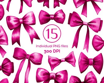 May include: A set of 15 watercolor pink bows, perfect for adding a touch of elegance to your crafts, scrapbooking, or digital designs.  Individual PNG files, 300 DPI.