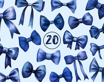 Aquarell-Clipart-Set mit blauer Schleife, marineblaues Band (PNG) (Digitaler Download)