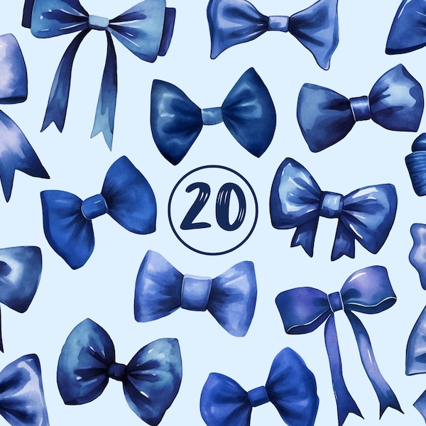 Watercolor Blue Bows Set, Clipart Bow Collection Ribbon Bow Clip Art Gift Dark Blue Bow Design, Watercolor Ribbon PNG Bow, Navy Bowtie PNG