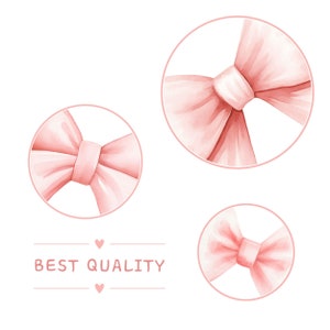 K&ouml;nnte beinhalten: Drei rosa Aquarell-Schleifen-Illustrationen mit dem Text "BEST QUALITY" in einem rosa Rechteck.