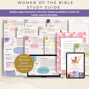 Op de afbeelding: Een digitale studiehandleiding getiteld "Women of the Bible" met karakteroverzichtbladen. De gids bevat een bonus Bijbelstudiejournaal en een devotioneel journaal. Het ontwerp heeft roze, paarse en gouden accenten en is beschikbaar in US Letter- en A4-formaten.