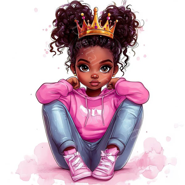 10 Quirky African American Girl With Crown Clipart, Cute Afro Girl, High Quality jpgs, Digital Download, Printables, Commercial License