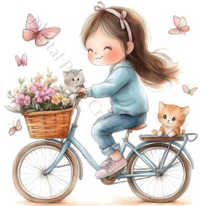 10 meisje op cyclus clipart, bloemen meisje clipart, hoge kwaliteit jpg's, digitale download, aquarel clipart, printables, commerciële licentie