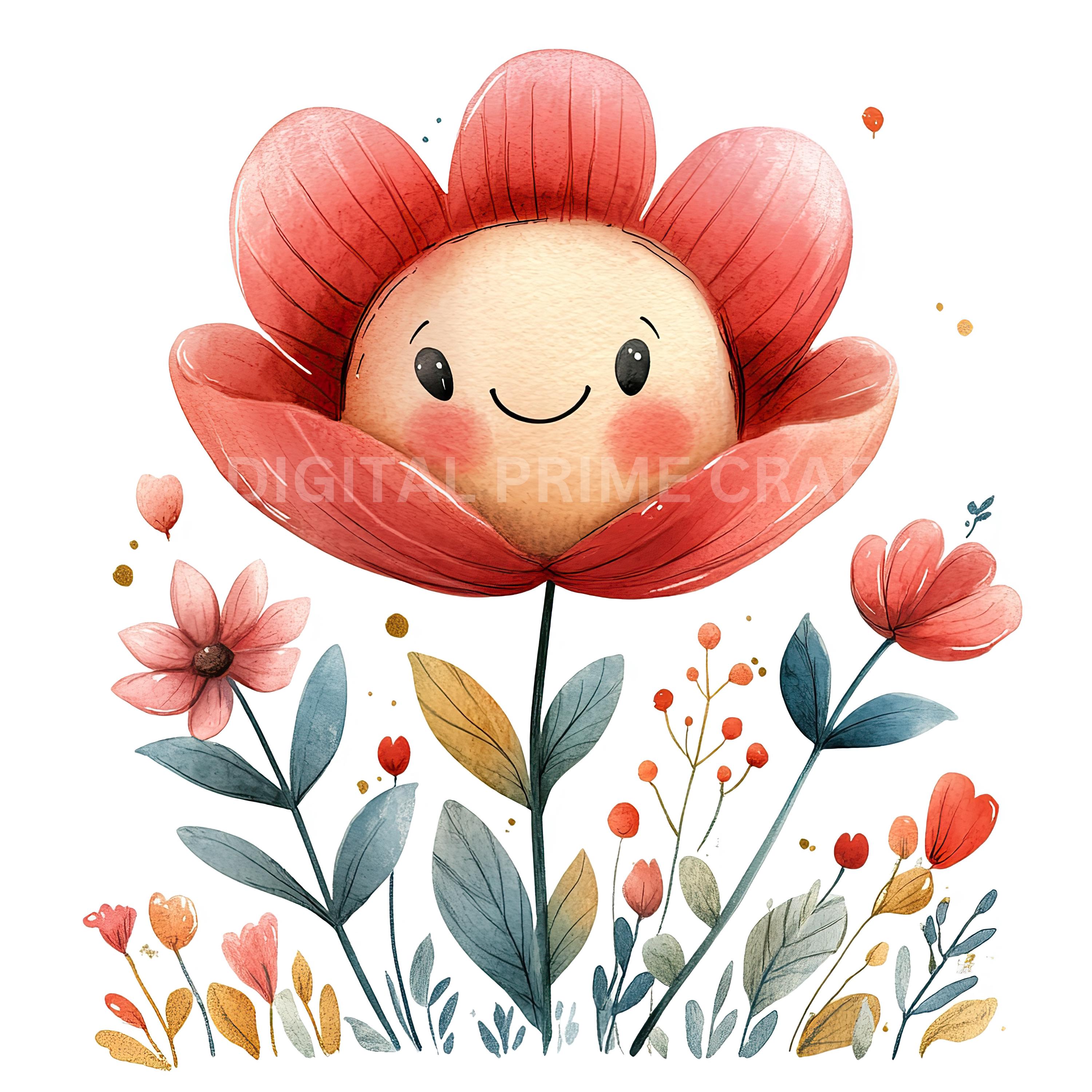 11 Smiling Flowers, Happy Flowers Clipart, High Quality Jpgs