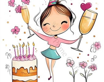 10 Quirky Birthday Girl Clipart, Birthday Clipart, Birthday Girl, High Quality jpgs, Digital Download, Printables, Commercial License