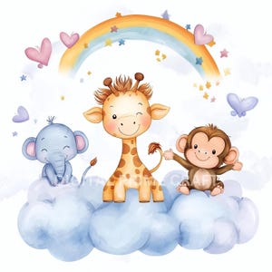 Puede incluir: Una linda jirafa, elefante y mono de dibujos animados sentados en una nube azul con un arcoíris y estrellas en el fondo.
