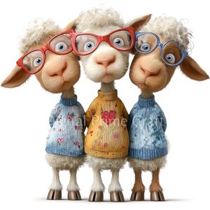 May include: Three cartoon sheep wearing glasses and sweaters. The sheep in the center wears a yellow sweater with a red heart. The other two sheep wear blue sweaters. The sheep are standing close together.