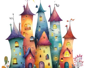10 Märchendorf Clipart, Märchenschloss, hochwertige Jpgs, digitaler Download, Aquarell Clipart, Printables, kommerzielle Lizenz