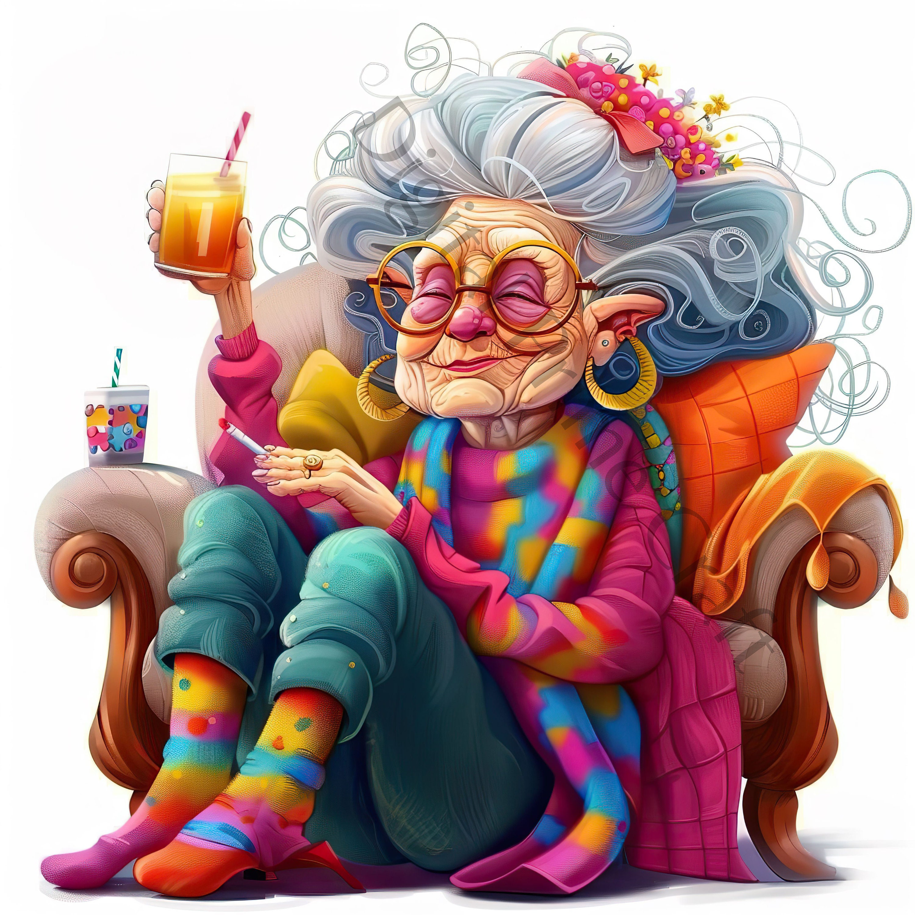 12 Quirky Grandmother Clipart, Whimsical Funny Grandmother, High