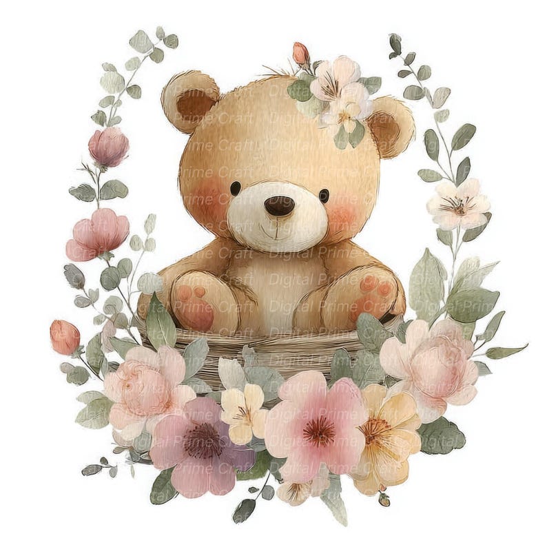 10 Teddy Bear Wreath Clipart, Floral Teddy Bear Clipart, High Quality ...