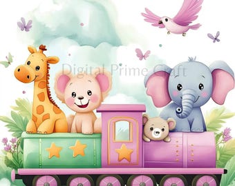 10 imágenes prediseñadas de decoración de guardería, imágenes prediseñadas de animales en tren, archivos jpg de alta calidad, descarga digital, imágenes prediseñadas de acuarela, imprimibles, licencia comercial