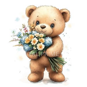 10 ours en peluche et fleurs Clipart, Clipart fleurs, jpg de haute qualité, téléchargement numérique, clipart aquarelle, produits imprimables, licence commerciale