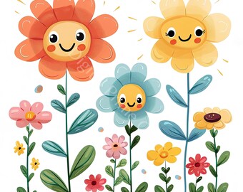 16 Happy Flowers Clipart, Smiling Flowers Clipart, High Quality