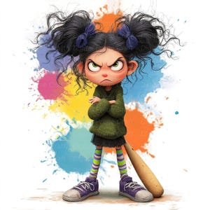 Puede incluir: Ilustración digital de una niña de dibujos animados con coletas negras atadas con lazos azules, ojos verdes y expresión enfadada. Lleva una sudadera con capucha verde, falda negra, calcetines a rayas y zapatillas moradas. Un bate de béisbol descansa a su lado.
